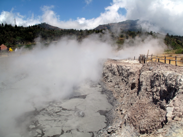 Bubbling mud and steam coming from the main vent of Sikidang Crater