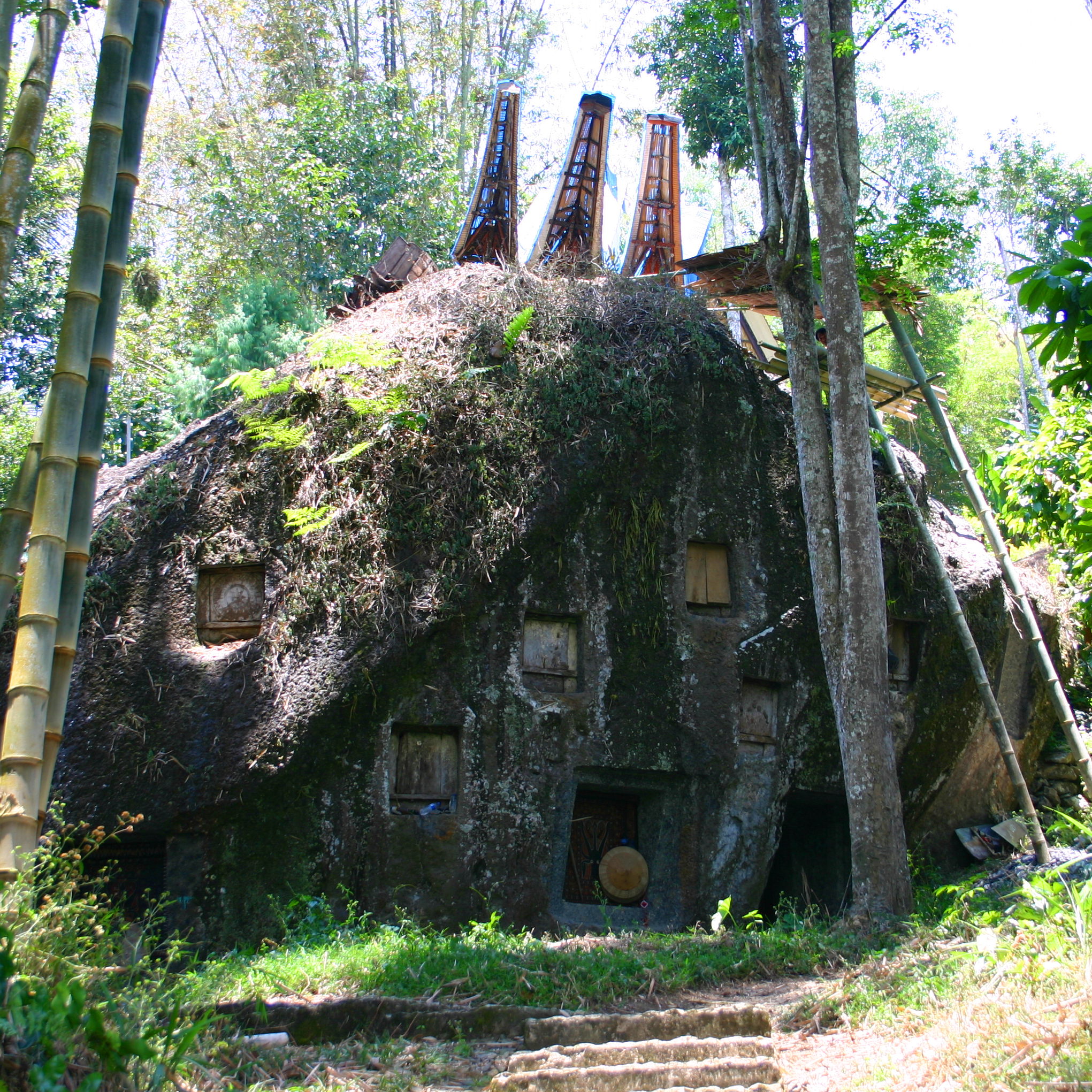 A large boulder tomb in the middle of a forest