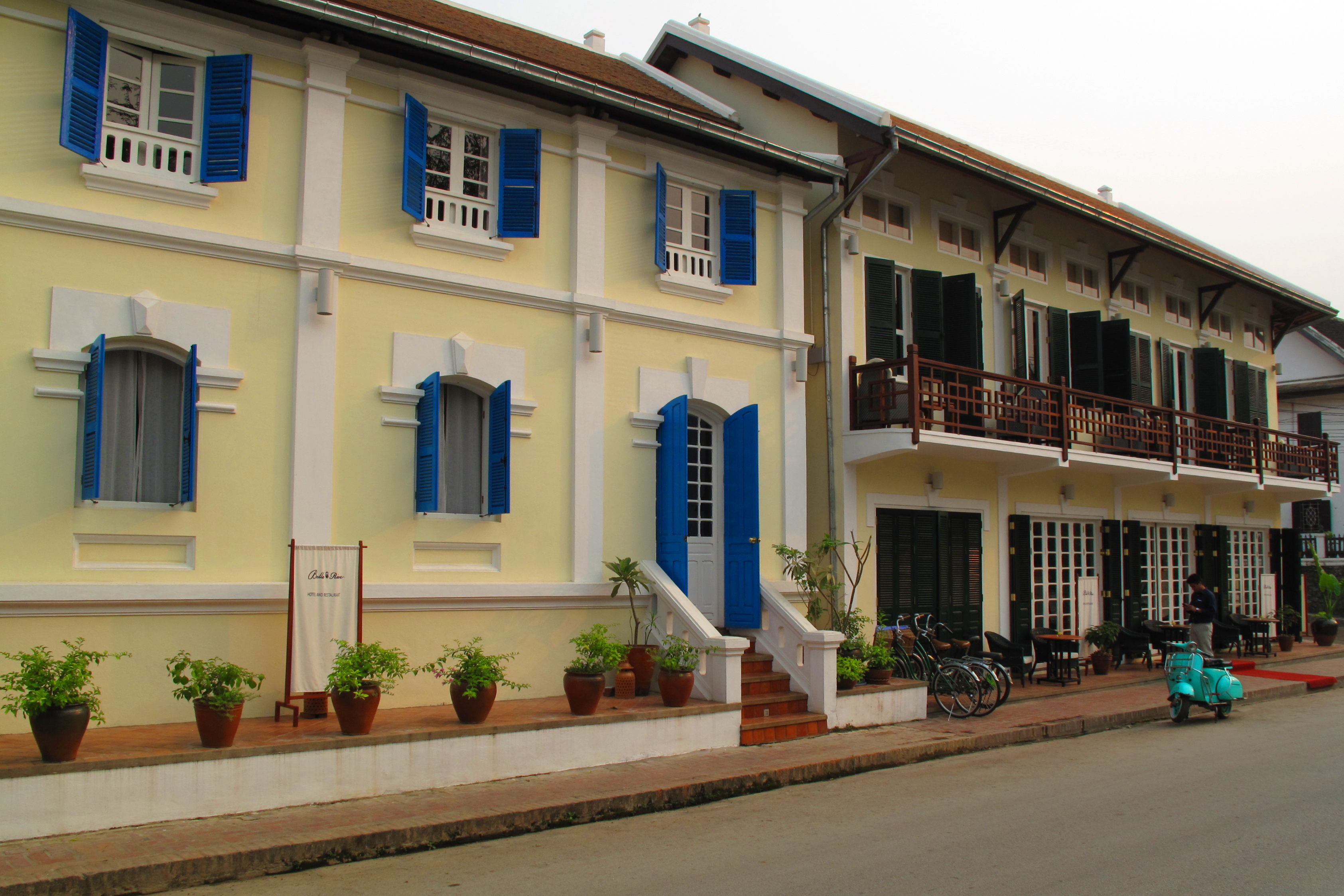 Elegant colonial style buildings along Luang Prabang's Mekong waterfront.