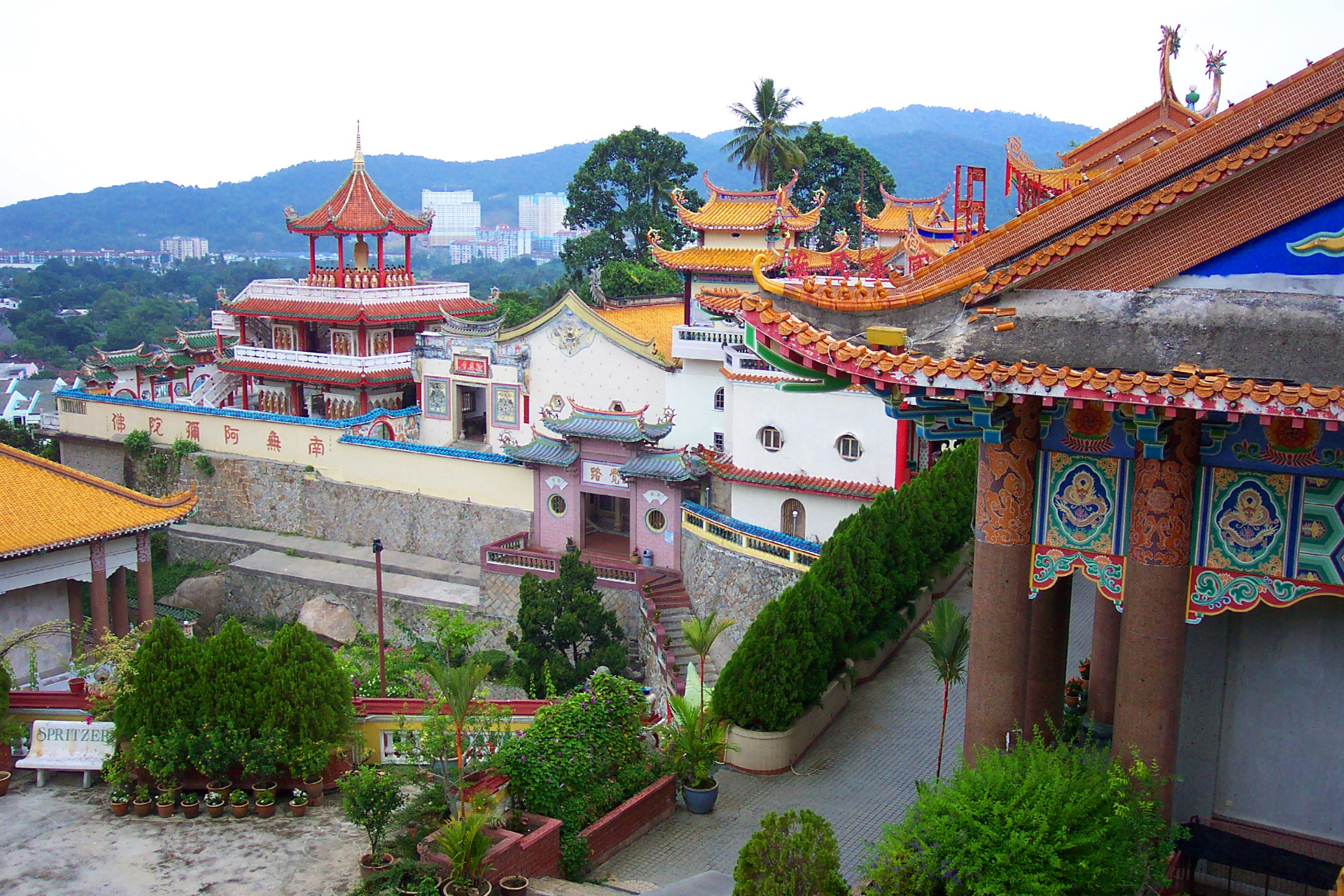 Looking down on the temple from a lower part of the tower