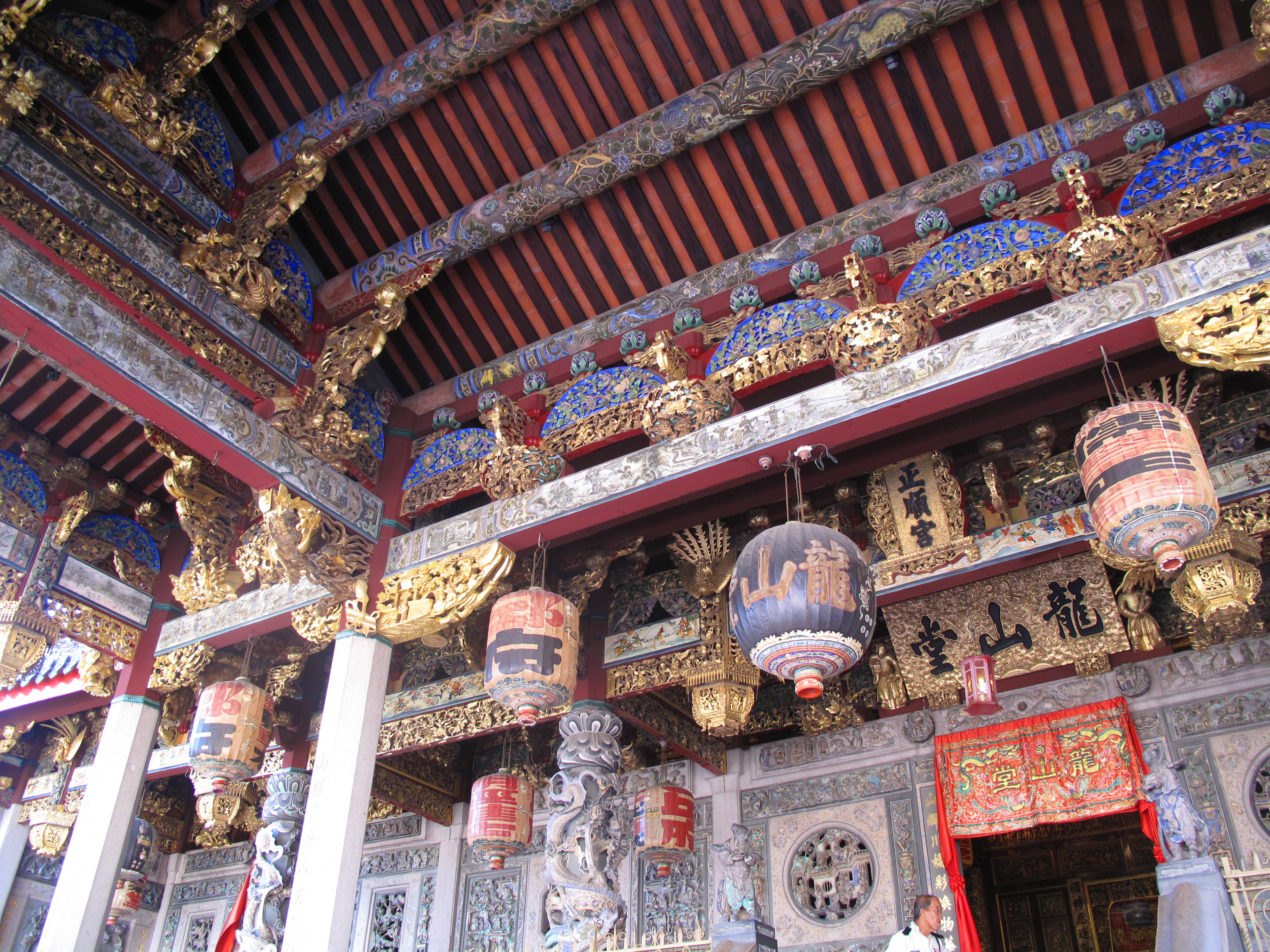 Elaborate ceiling decorations on the portico